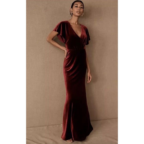 Jenny Yoo Ellis Velvet Open Back Dress Size 0 Dark Berry Womens Party BHLDN